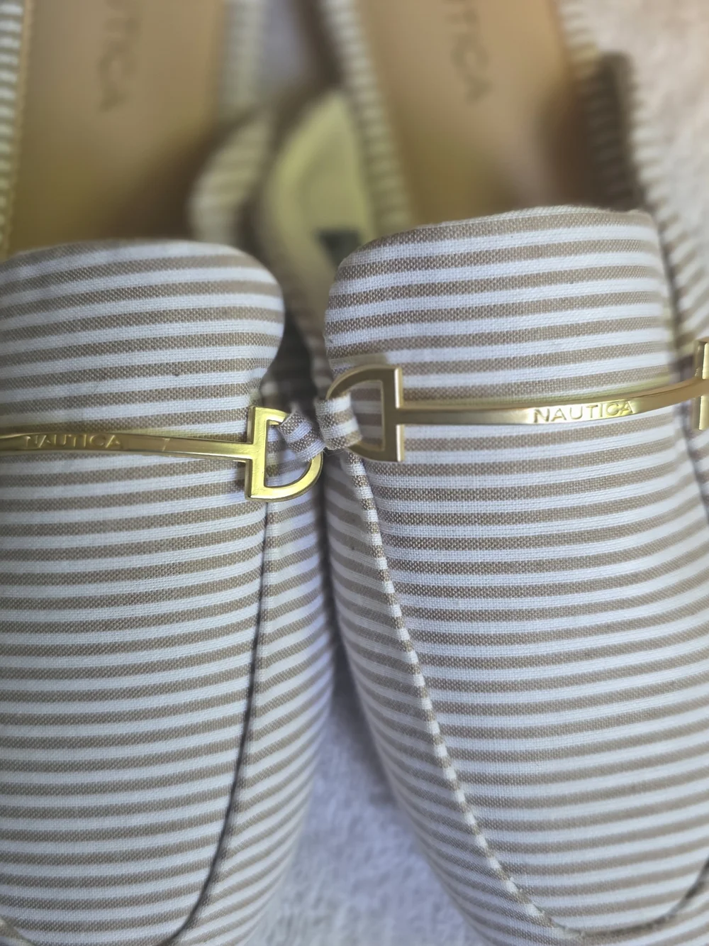 New With Out Box Nautica Beige & White Striped Slip-On Mules with Gold Bit